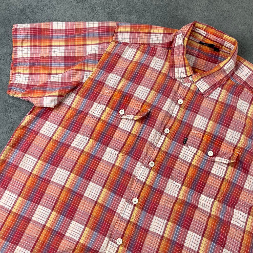 Kavu Mens XXL Button Down Shirt Red Orange Plaid Short Sleeve Cotton Outdoor
